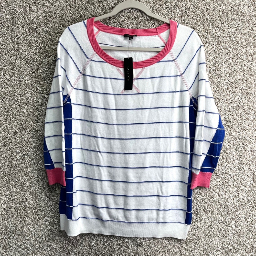 Talbots Sweater Women's M Striped Cotton Knit 3/4 Sleeve Crew Neck Pullover NWT